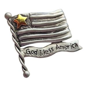 Signed Kat's Creations Pewter Patriotic American Flag Brooch "God Bless America"